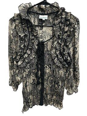 Patchington Medium Black Beige Floral Lace Ruffle Blouse Romanticcore Ethereal